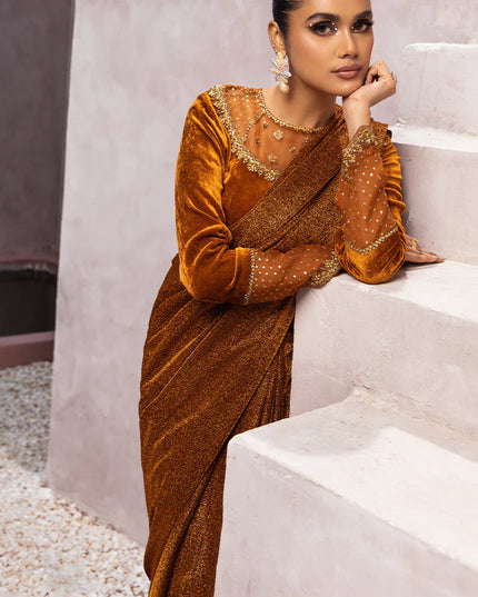 Zamira | Burnt Orange Embellished Velvet Saree