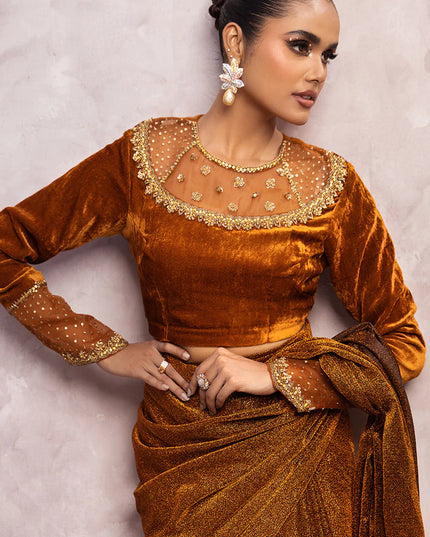 Zamira | Burnt Orange Embellished Velvet Saree
