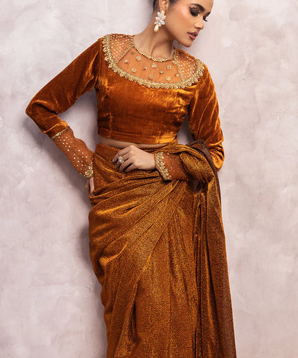 Zamira | Burnt Orange Embellished Velvet Saree
