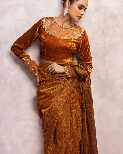 Zamira | Burnt Orange Embellished Velvet Saree