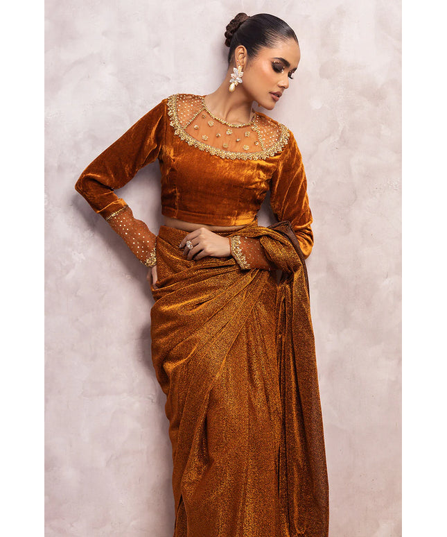 Zamira | Burnt Orange Embellished Velvet Saree