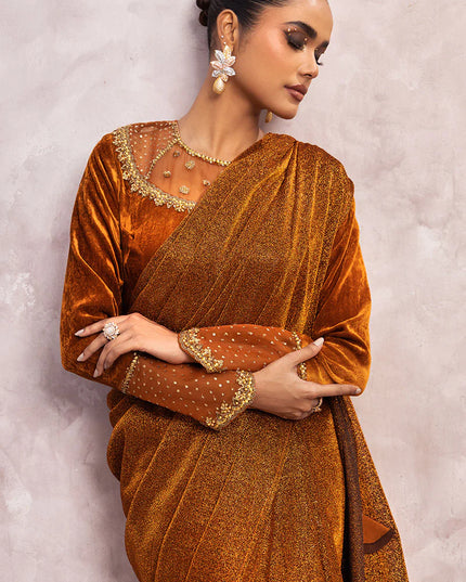Zamira | Burnt Orange Embellished Velvet Saree