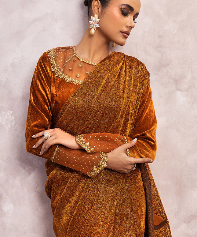 Zamira | Burnt Orange Embellished Velvet Saree