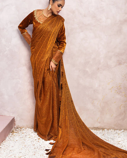 Zamira | Burnt Orange Embellished Velvet Saree