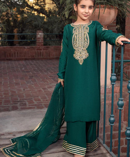 Rani | Girls Green Khaddi Silk Embroidered Suit