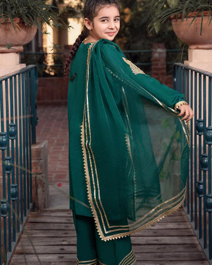Rani | Girls Green Khaddi Silk Embroidered Suit