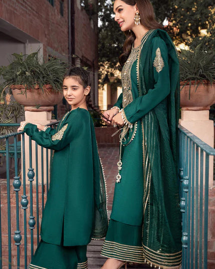 Rani | Girls Green Khaddi Silk Embroidered Suit