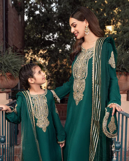 Rani | Girls Green Khaddi Silk Embroidered Suit