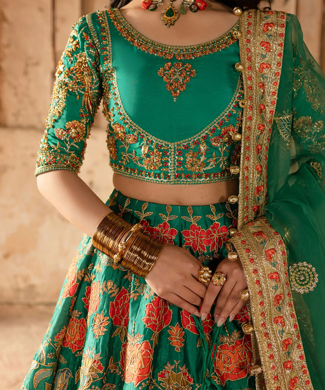Zinia | Green Embroidered Hand Embellished Lehenga
