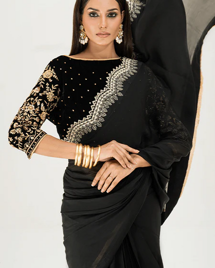 Armish | Black Velvet Embellished Saree