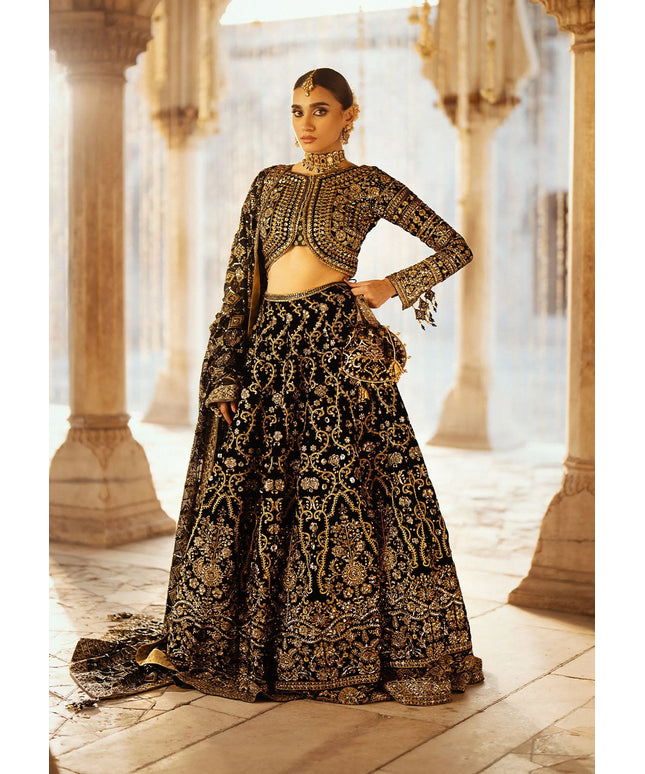 Dastoor | Black Embroidered Velvet Lehenga Choli