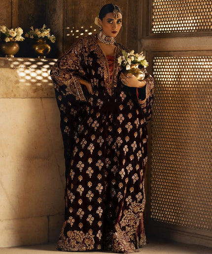 Dastoor | Maroon Embroidered Velvet Kaftan