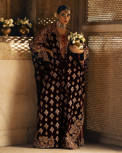 Dastoor | Maroon Embroidered Velvet Kaftan