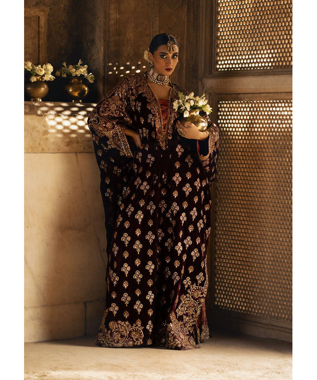 Dastoor | Maroon Embroidered Velvet Kaftan