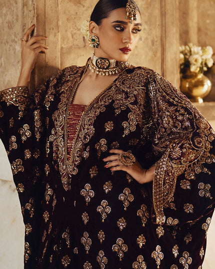 Dastoor | Maroon Embroidered Velvet Kaftan