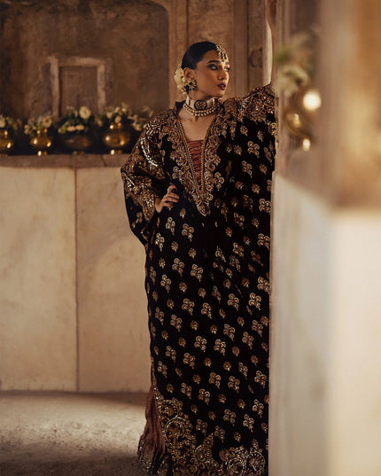Dastoor | Maroon Embroidered Velvet Kaftan