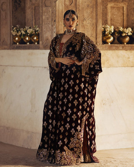 Dastoor | Maroon Embroidered Velvet Kaftan