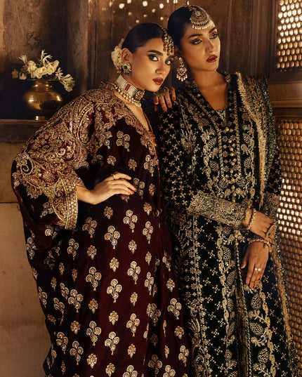 Dastoor | Maroon Embroidered Velvet Kaftan