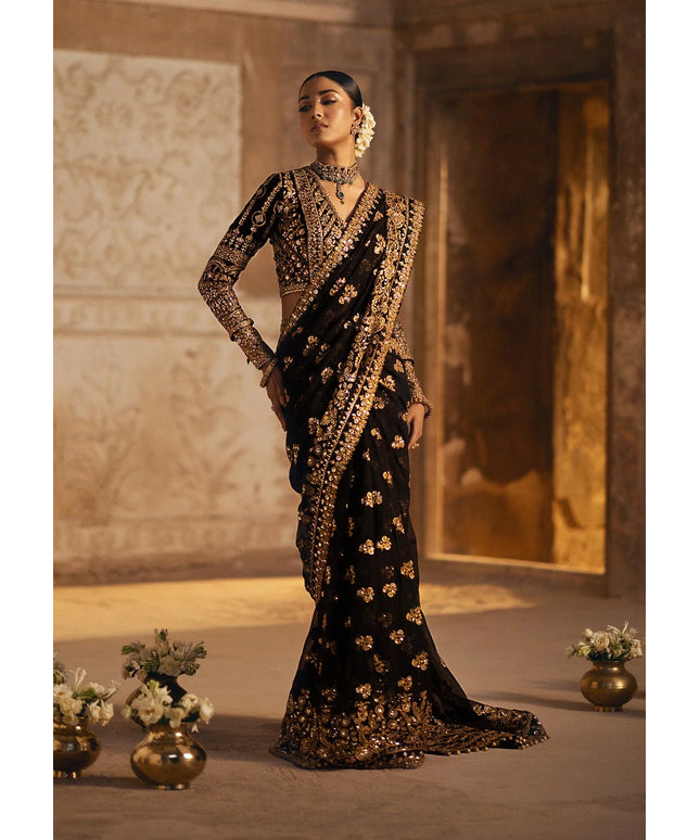 Dastoor | Black Embroidered Velvet Chiffon Saree