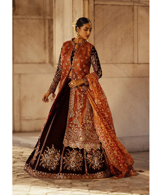 Dastoor | Maroon Embroidered Velvet Lehenga Choli