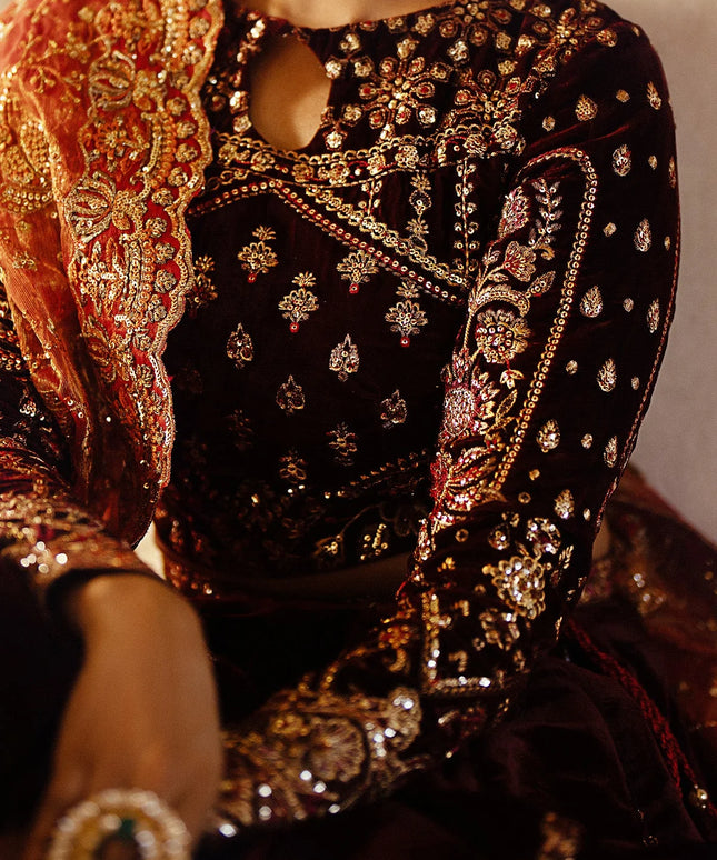 Dastoor | Maroon Embroidered Velvet Lehenga Choli