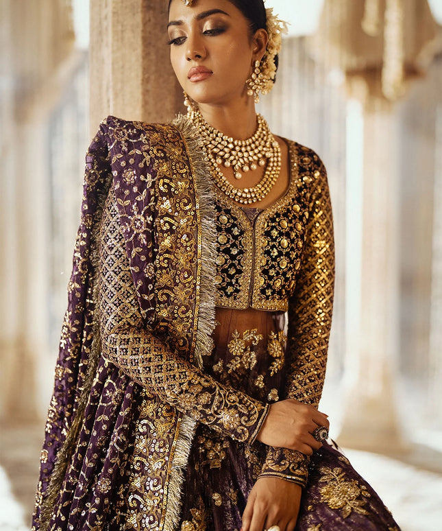 Dastoor | Plum Embroidered Velvet Sharara