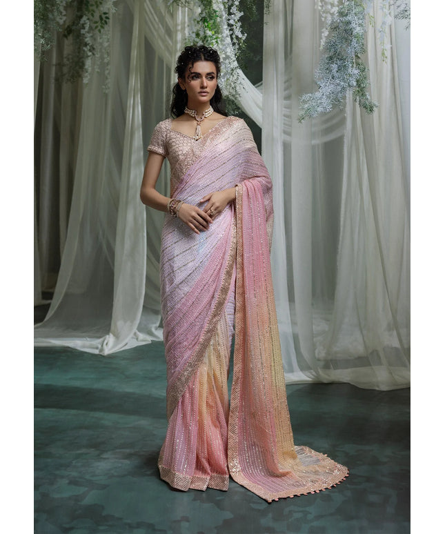 Lovely | Pink Embroidered Chiffon Saree
