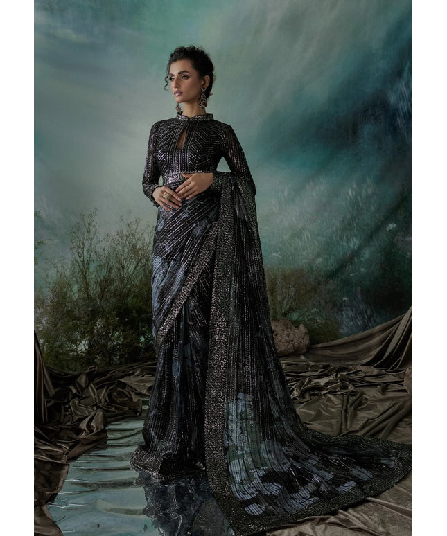 Neetu | Black Embroidered Chiffon Saree