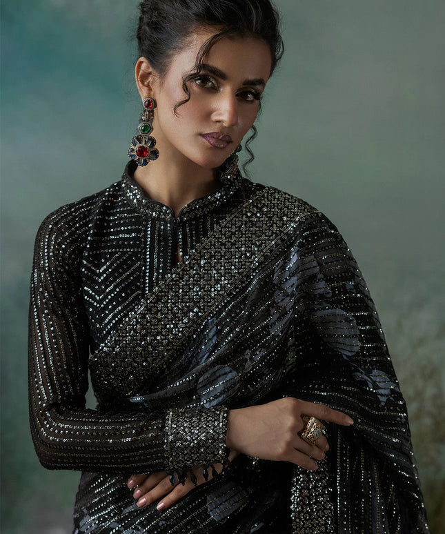 Neetu | Black Embroidered Chiffon Saree
