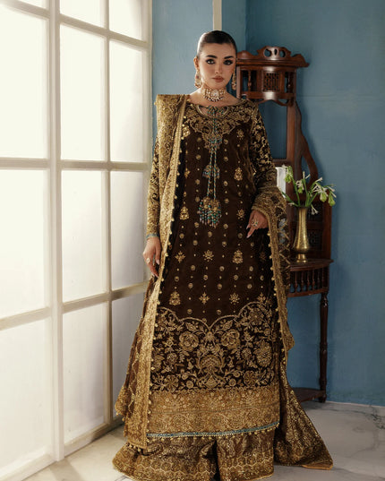 Seerat | Mehndi Brown Velvet Embroidered Embellished Wedding Sharara