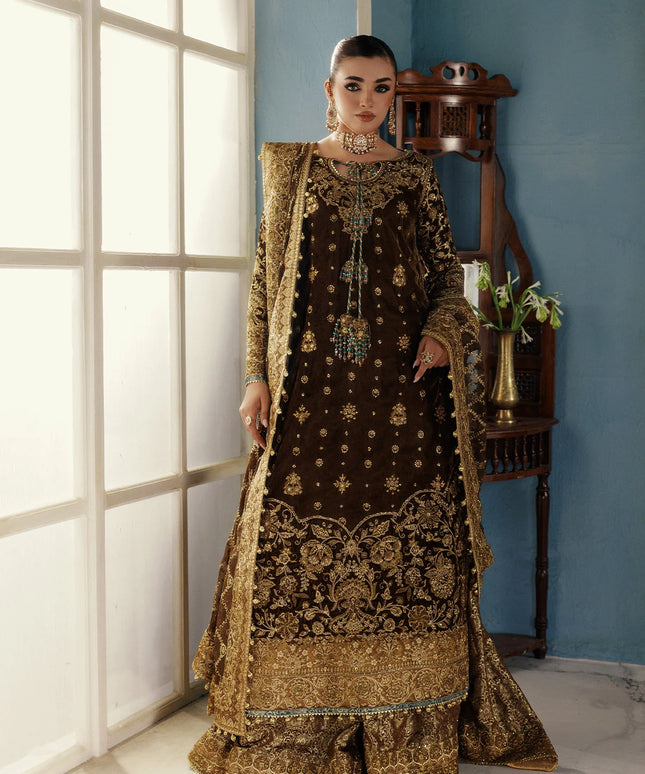 Seerat | Mehndi Brown Velvet Embroidered Embellished Wedding Sharara