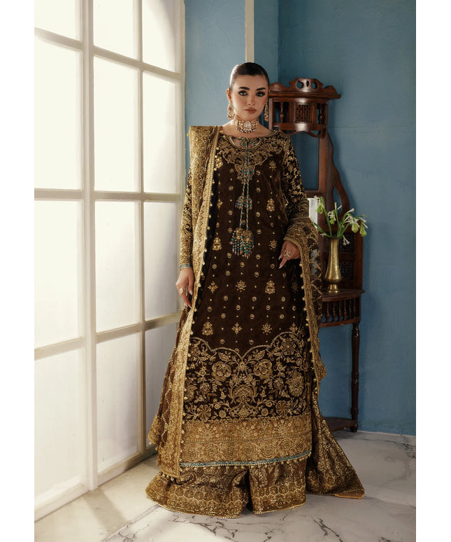 Seerat | Mehndi Brown Velvet Embroidered Embellished Wedding Sharara