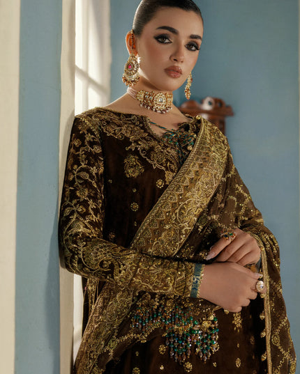 Seerat | Mehndi Brown Velvet Embroidered Embellished Wedding Sharara