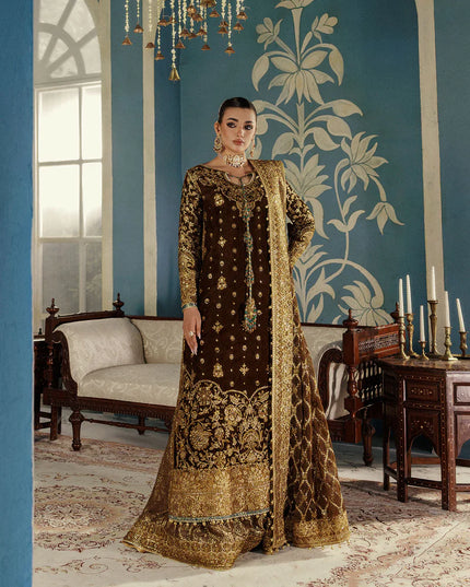 Seerat | Mehndi Brown Velvet Embroidered Embellished Wedding Sharara