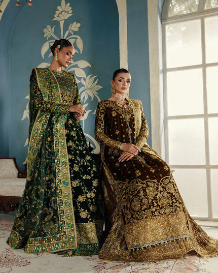 Seerat | Mehndi Brown Velvet Embroidered Embellished Wedding Sharara