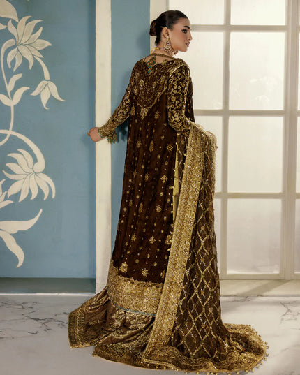 Seerat | Mehndi Brown Velvet Embroidered Embellished Wedding Sharara