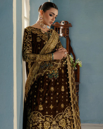 Seerat | Mehndi Brown Velvet Embroidered Embellished Wedding Sharara