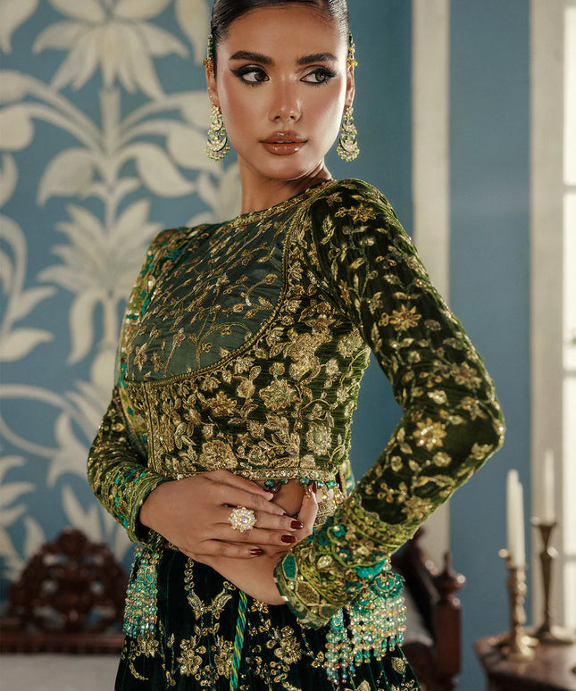Aman | Emerald Green Velvet Embroidered Wedding Dress