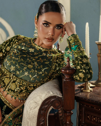 Aman | Emerald Green Velvet Embroidered Wedding Dress