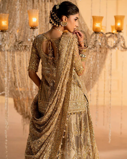 Rihanna | Light Bown Embroidered Embellished Tulle Net Lehenga