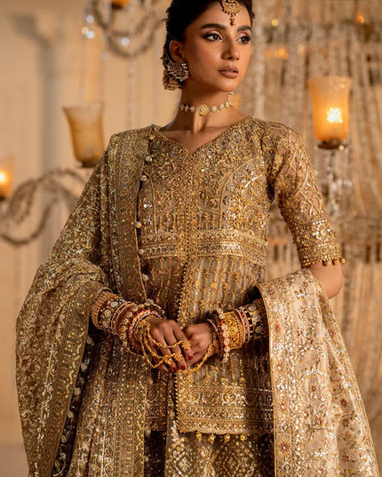 Rihanna | Light Bown Embroidered Embellished Tulle Net Lehenga