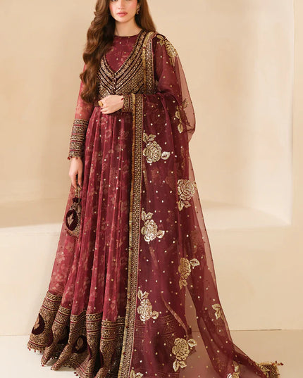 Sukhi | Maroon Embroidered Chiffon Velvet Maxi