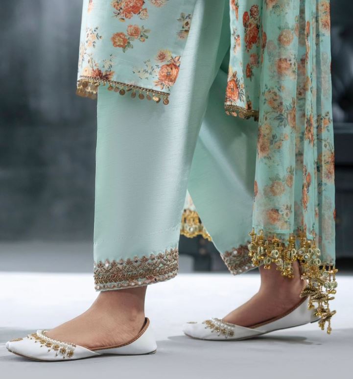 Cyan | Sea Green Embellished Silk Suit