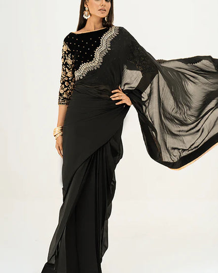 Armish | Black Velvet Embellished Saree