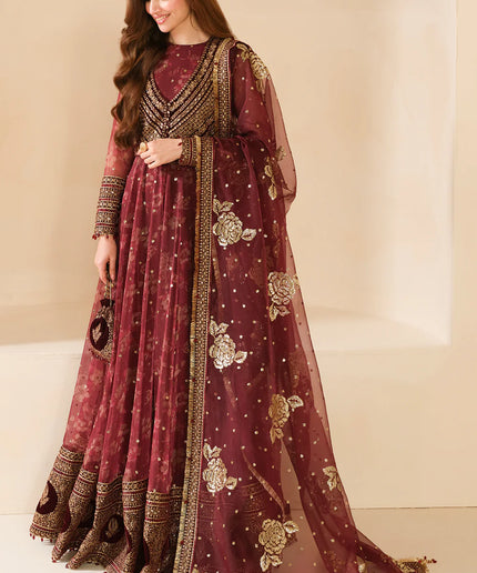 Sukhi | Maroon Embroidered Chiffon Velvet Maxi