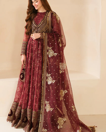 Sukhi | Maroon Embroidered Chiffon Velvet Maxi