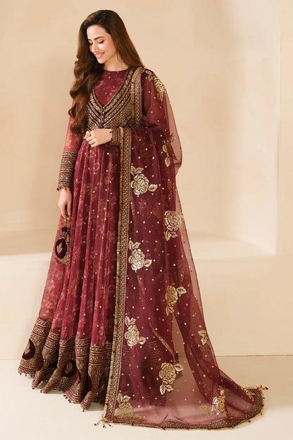 Sukhi | Maroon Embroidered Chiffon Velvet Maxi