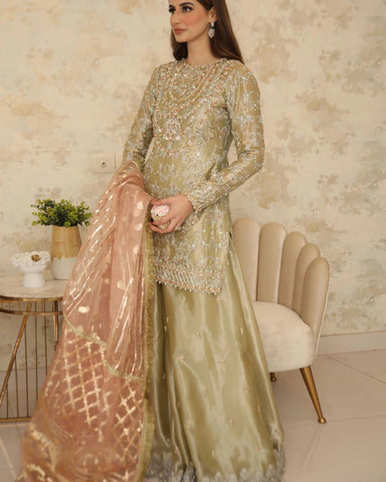 Sehar | Pistachio Green Tissue Embellished Sharara