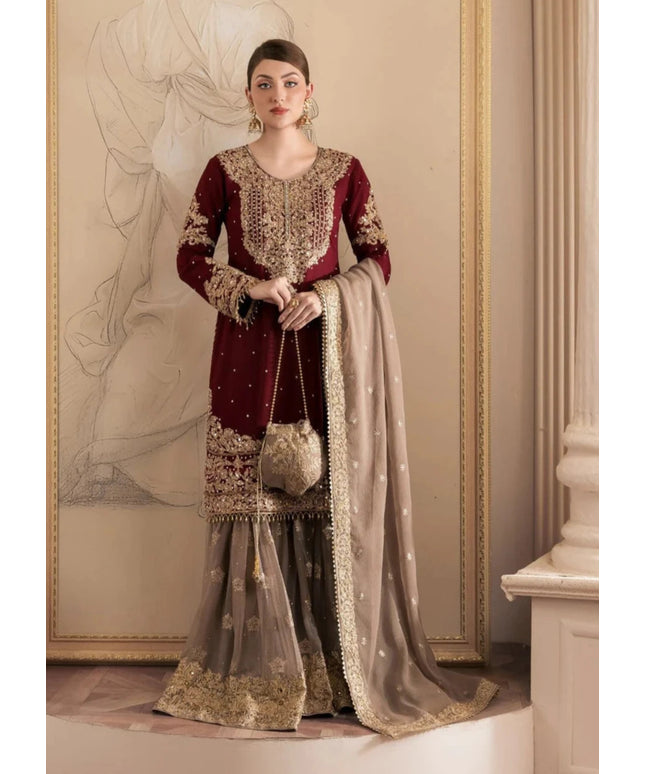 Simmi | Maroon Chiffon Embroidered Gharara