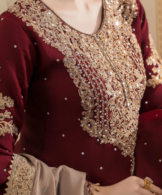 Simmi | Maroon Chiffon Embroidered Gharara